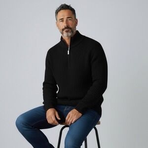 Fairlane Mens XXL Black 100% Merino Wool Quarter Zip Mock Neck Sweater Luxury